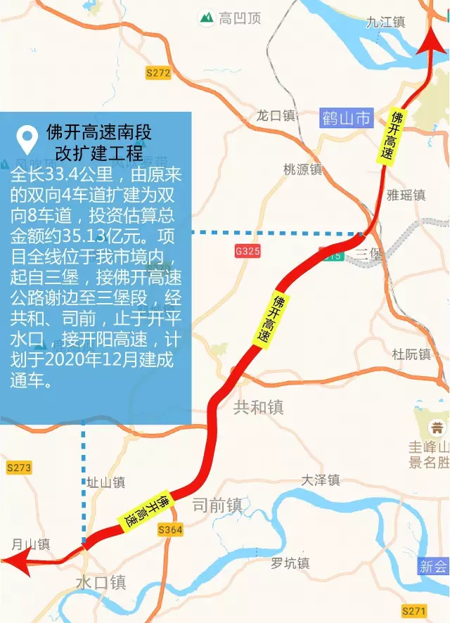 佛开高速起点谢边至三堡段改扩建八车道施工,已于2012年12月完成。项目将继续对佛开高速公路三堡至水口路段进行扩建,将原来的四车道改扩为八车道。项目批复概算约34.26亿元,工期计划4年。 施工期间保持双向四车道通行 据介绍,目前广湛线沿线路段车流量已经饱和或接近饱和,为了尽量减少对群众出行的影响,改扩建期间保持双向四车道通行。 广州至湛江高速公路包括广佛、佛开、开阳、阳茂、茂湛等路段,是粤西地区与珠三角核心区之间的运输大动脉。 目前,除了已经改扩建完工的广佛高速、佛开高速谢边至三堡段外,佛开高速三堡至