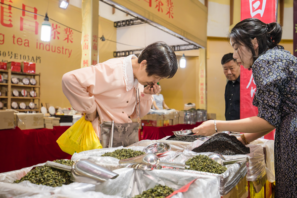 市民正在茶博会现场挑选茶叶.佛山日报记者王澍摄